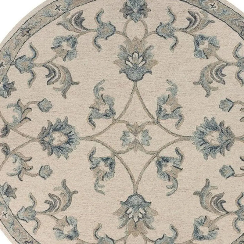 7' Ivory And Blue Wool Hand Tufted Round Rug Homeroots Home Decor