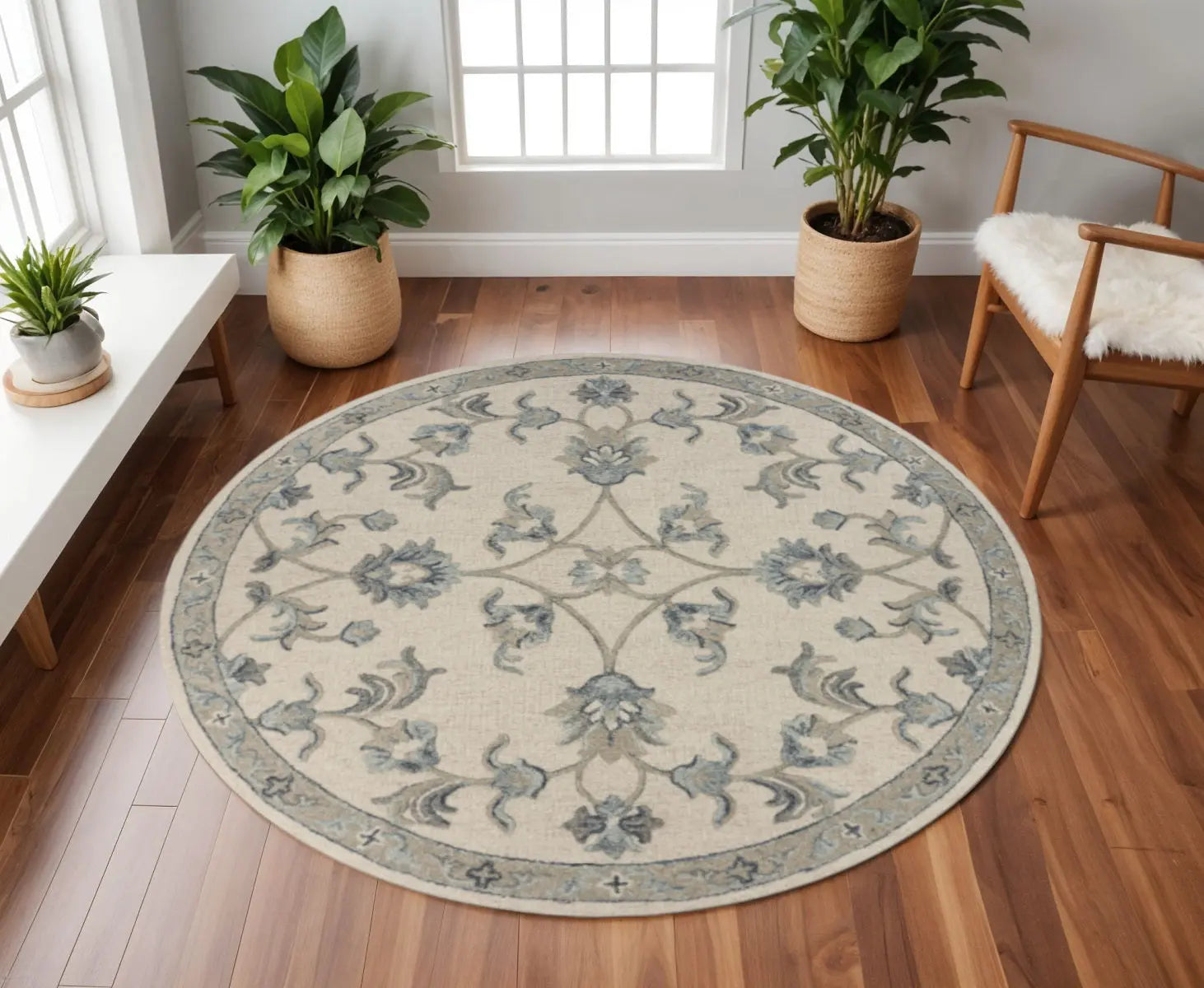 7' Ivory And Blue Wool Hand Tufted Round Rug Homeroots Home Decor