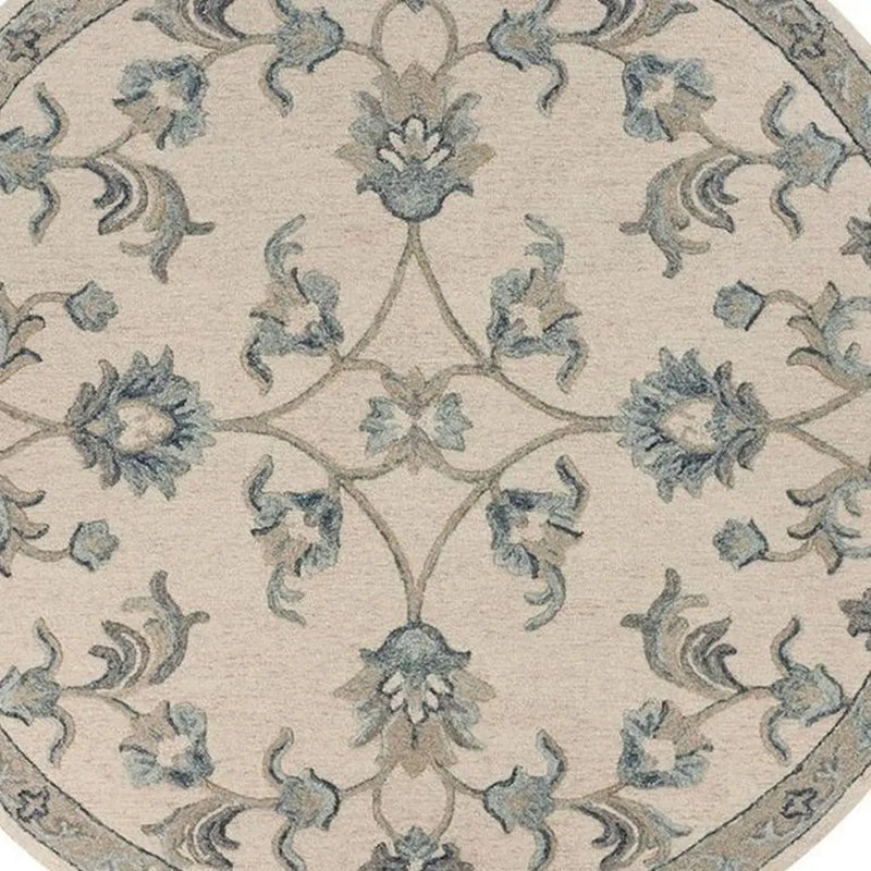 7' Ivory And Blue Wool Hand Tufted Round Rug Homeroots Home Decor