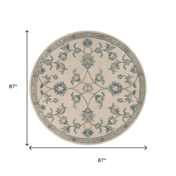 7' Ivory And Blue Wool Hand Tufted Round Rug Homeroots Home Decor