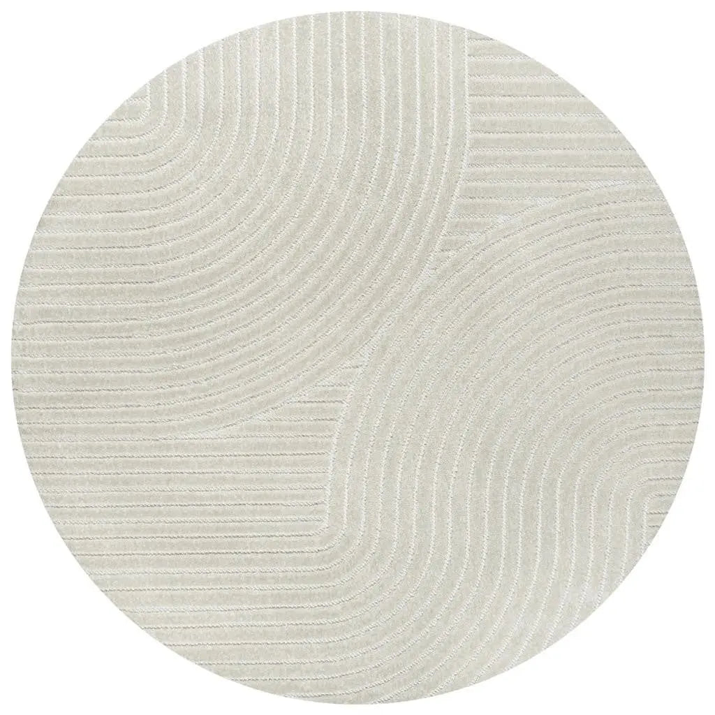 Round beige area rug with textured wave patterns, crafted from soft synthetic fibers for modern interiors.