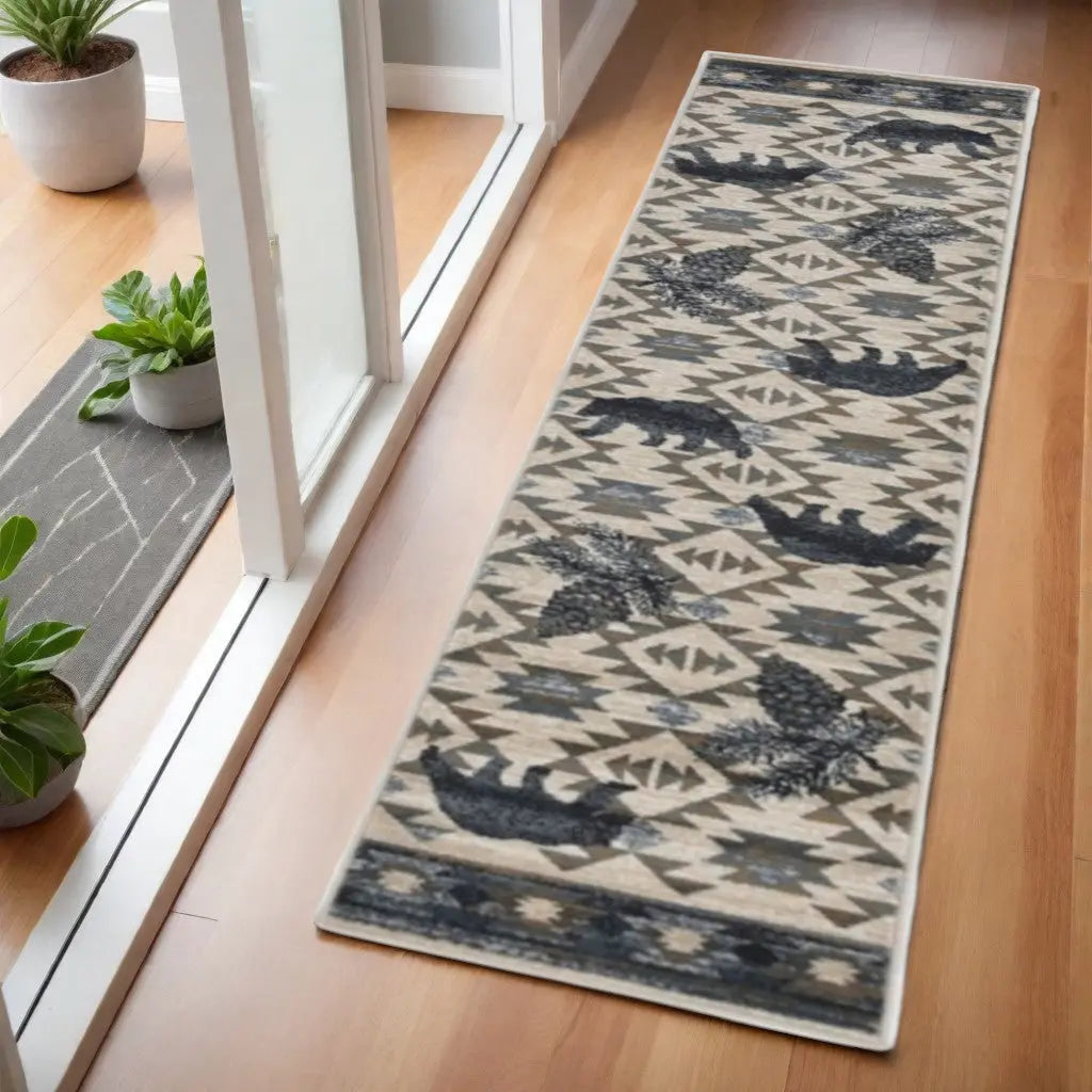 7' Ivory And Gray Woodland Lodge Runner Rug Homeroots Home Decor