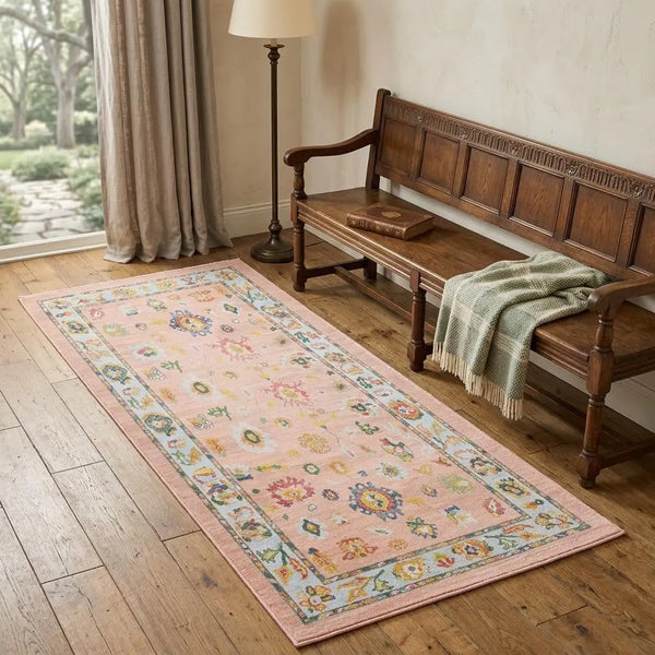 7' Pink And Blue Oriental Washable Runner Rug Homeroots Home Decor