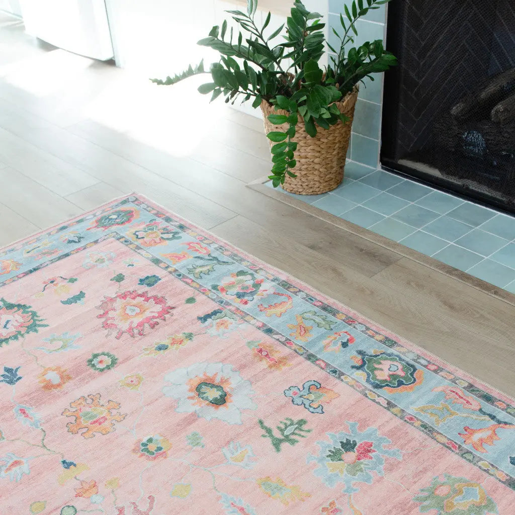 7' Pink And Blue Oriental Washable Runner Rug Homeroots Home Decor