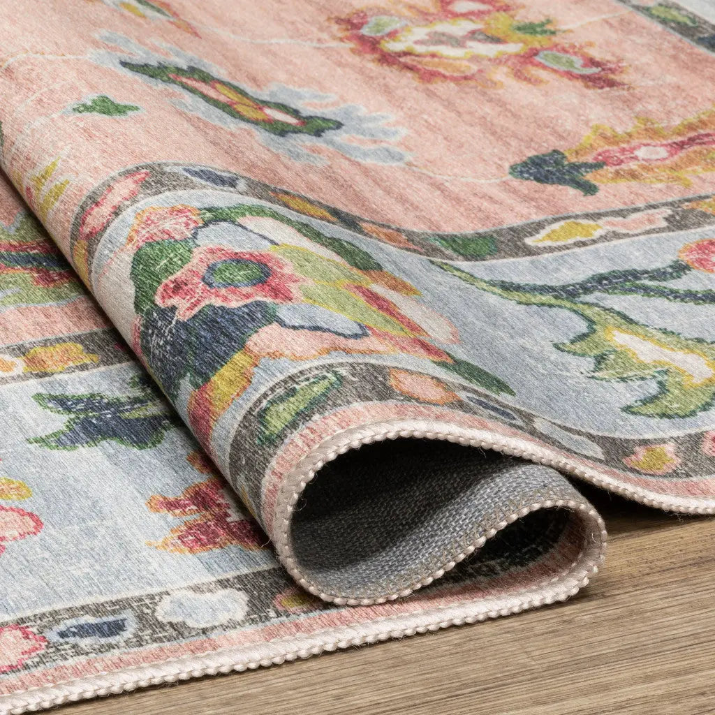 7' Pink And Blue Oriental Washable Runner Rug Homeroots Home Decor