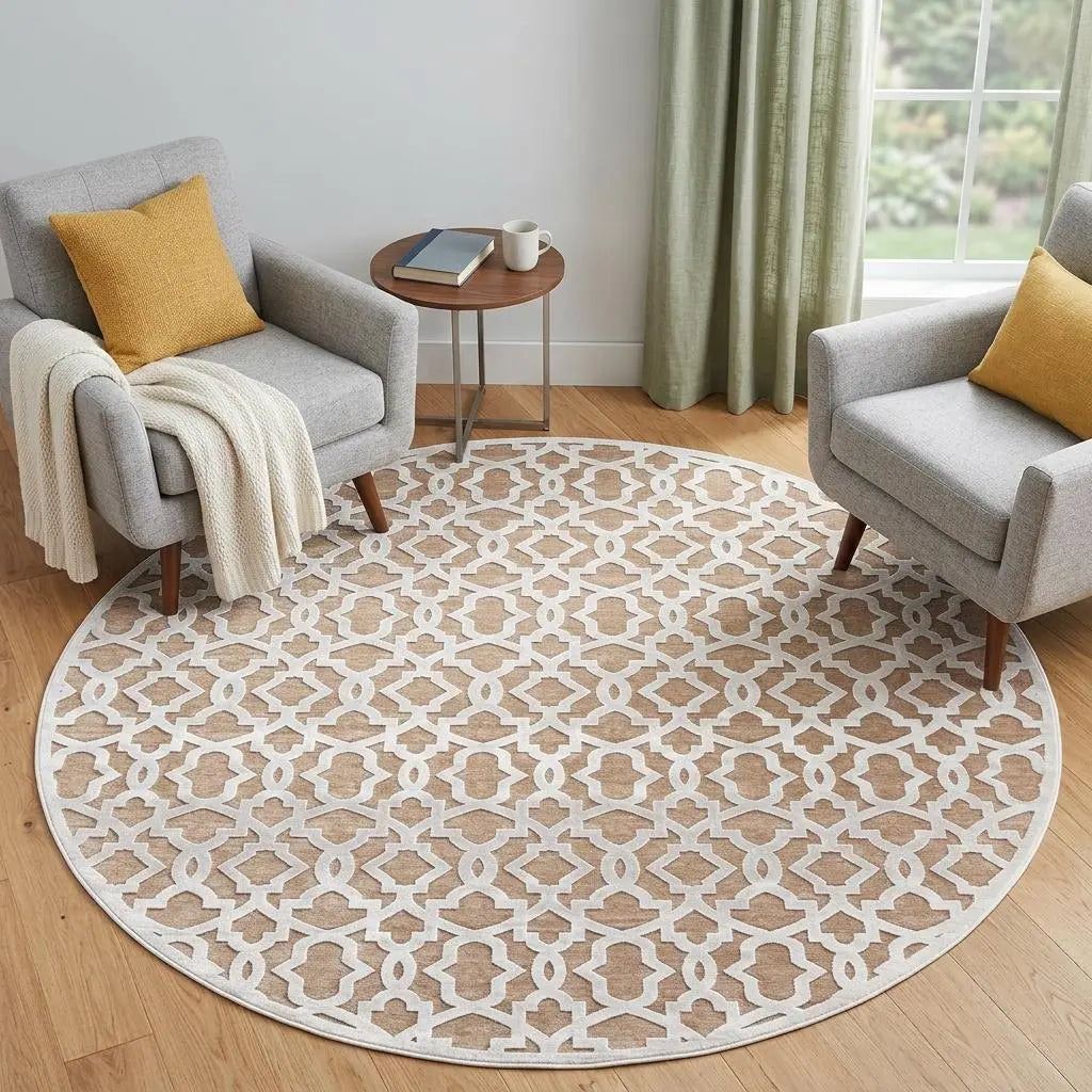 7' Pink And White Geometric Round Rug Homeroots Home Decor