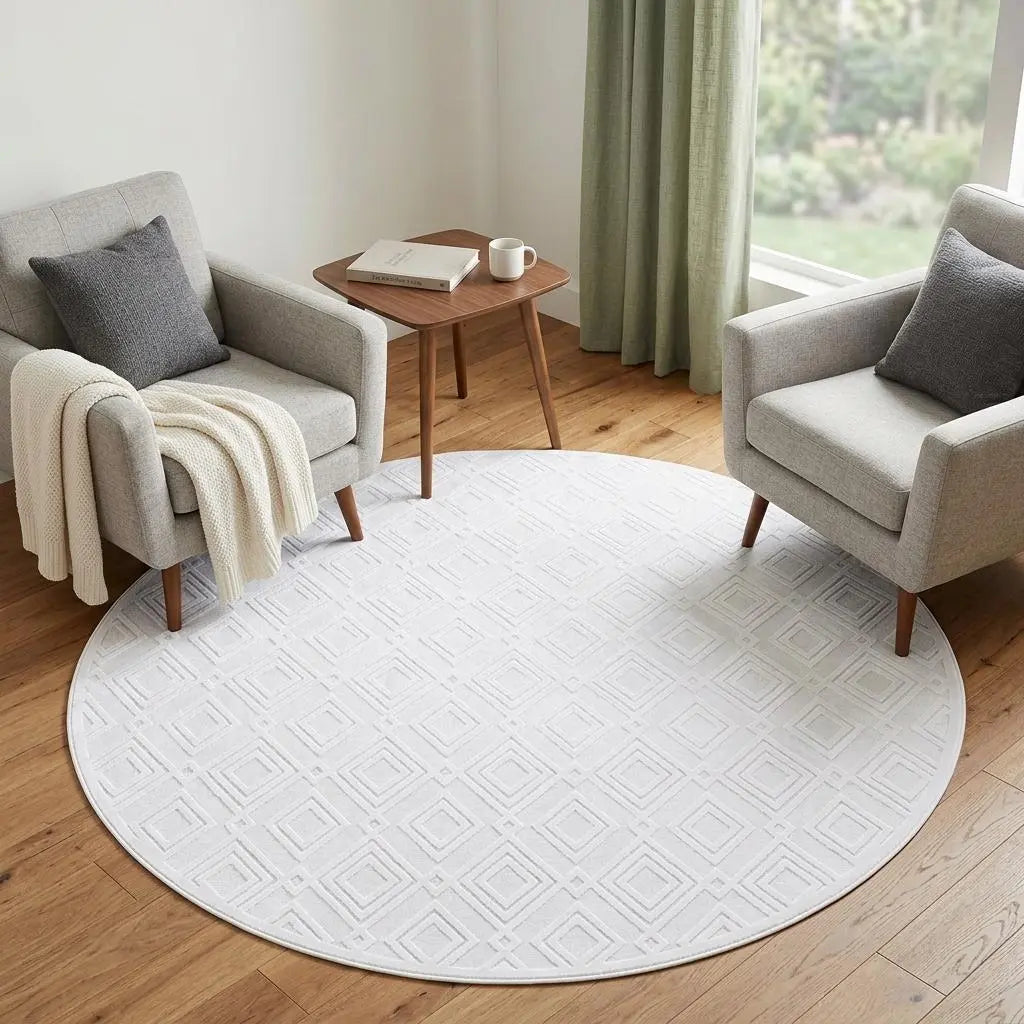 7' White And Gray Geometric Round Rug Homeroots Home Decor