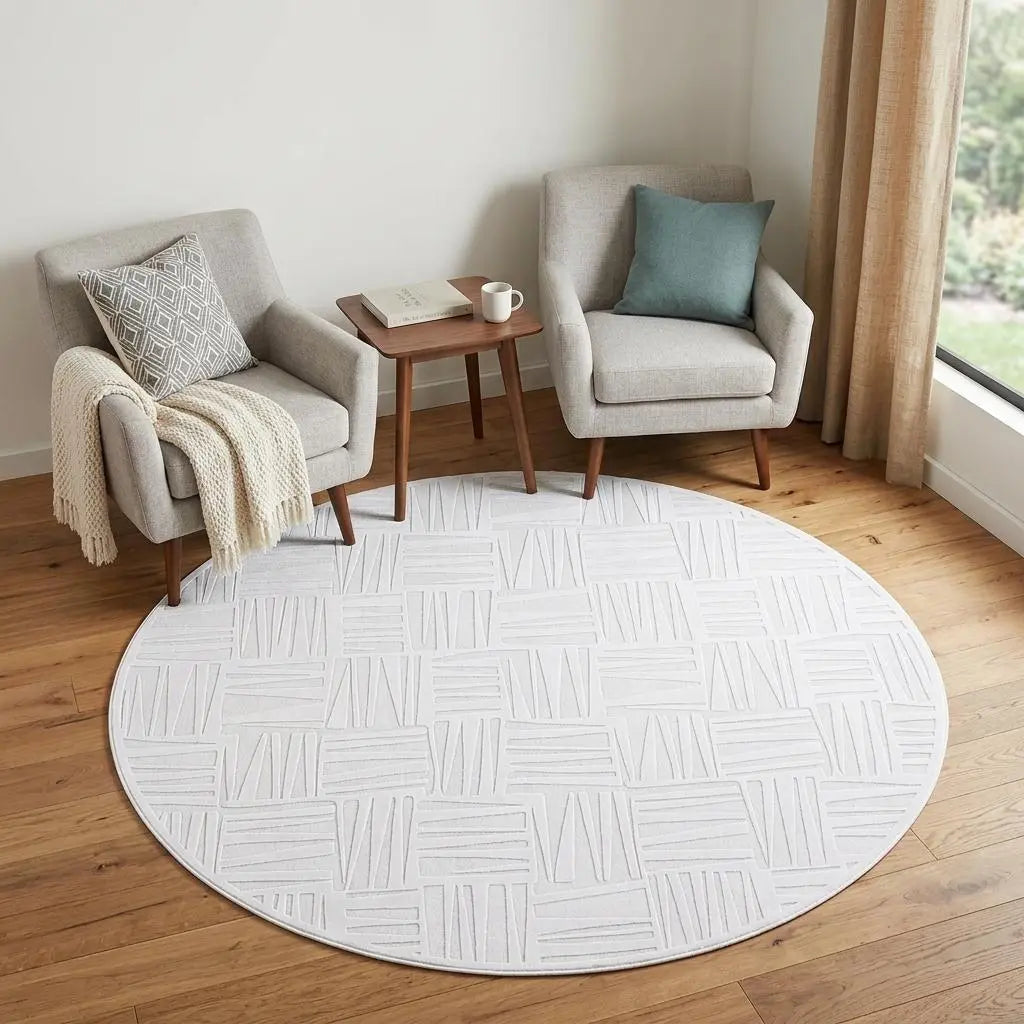 7' White And Gray Geometric Round Rug Homeroots Home Decor
