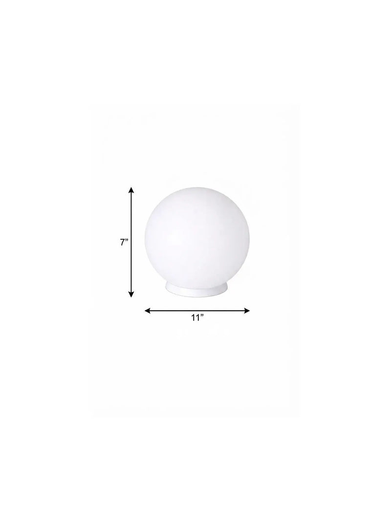White glass globe table lamp, 7" height, 11" diameter, modern design, perfect for contemporary decor.