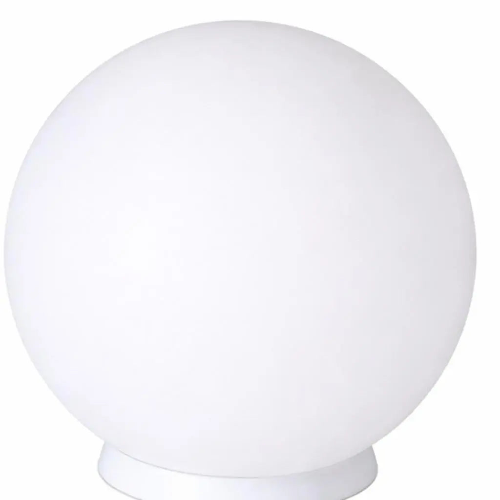 White glass globe table lamp with a sleek, modern design and a minimalist white base. Perfect for contemporary decor.