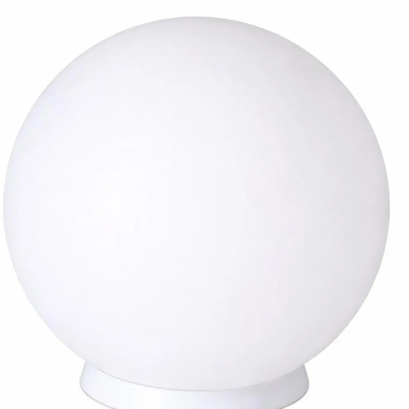 White glass globe table lamp with a sleek, modern design and a minimalist white base. Perfect for contemporary decor.