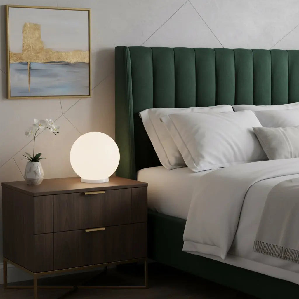 Green velvet tufted headboard bed with white bedside lamp on dark wood nightstand, modern bedroom decor.