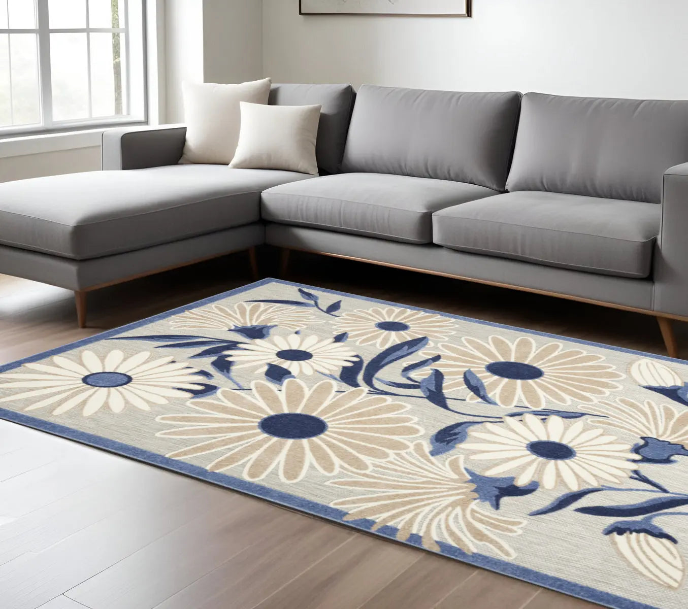 7' X 10' Blue And Grey Floral Stain Resistant Non Skid Area Rug Homeroots Outdoor