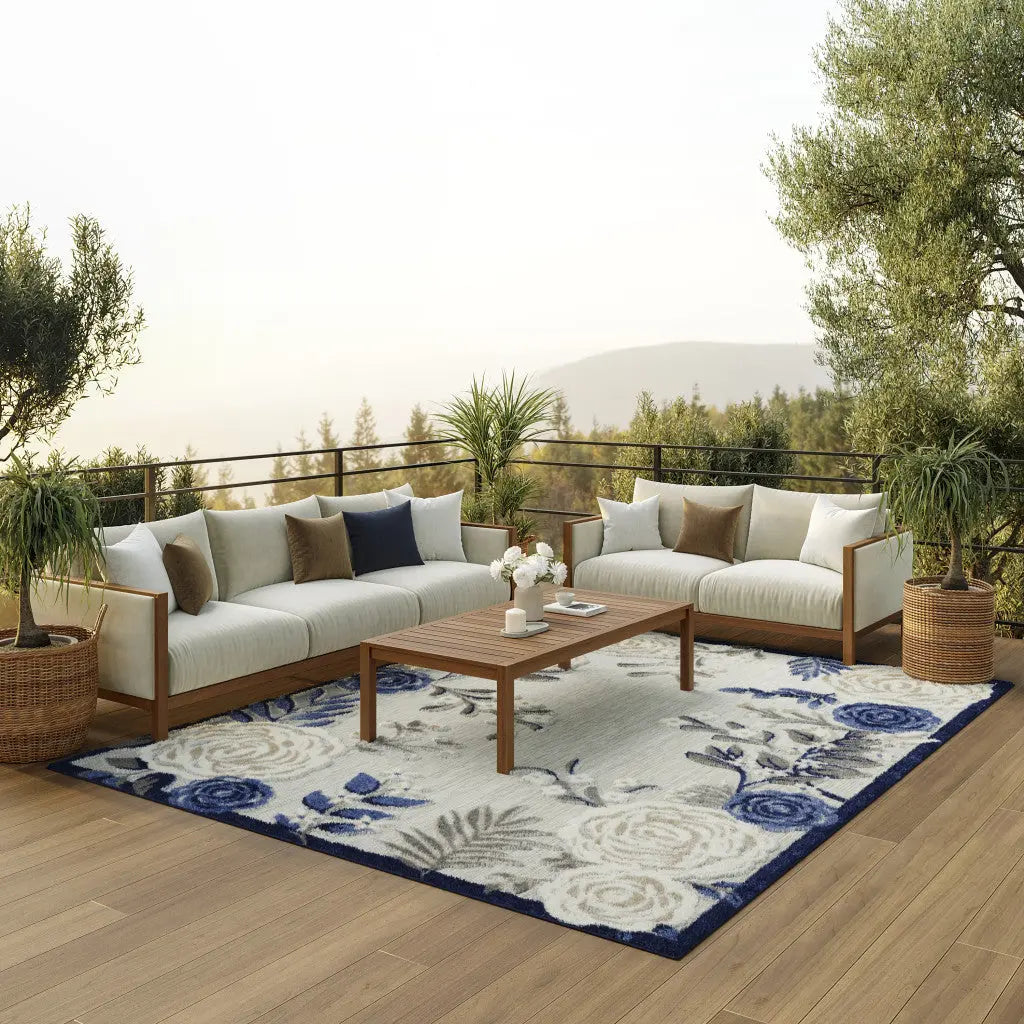 7' X 10' Blue And Grey Floral Stain Resistant Non Skid Area Rug Homeroots Outdoor