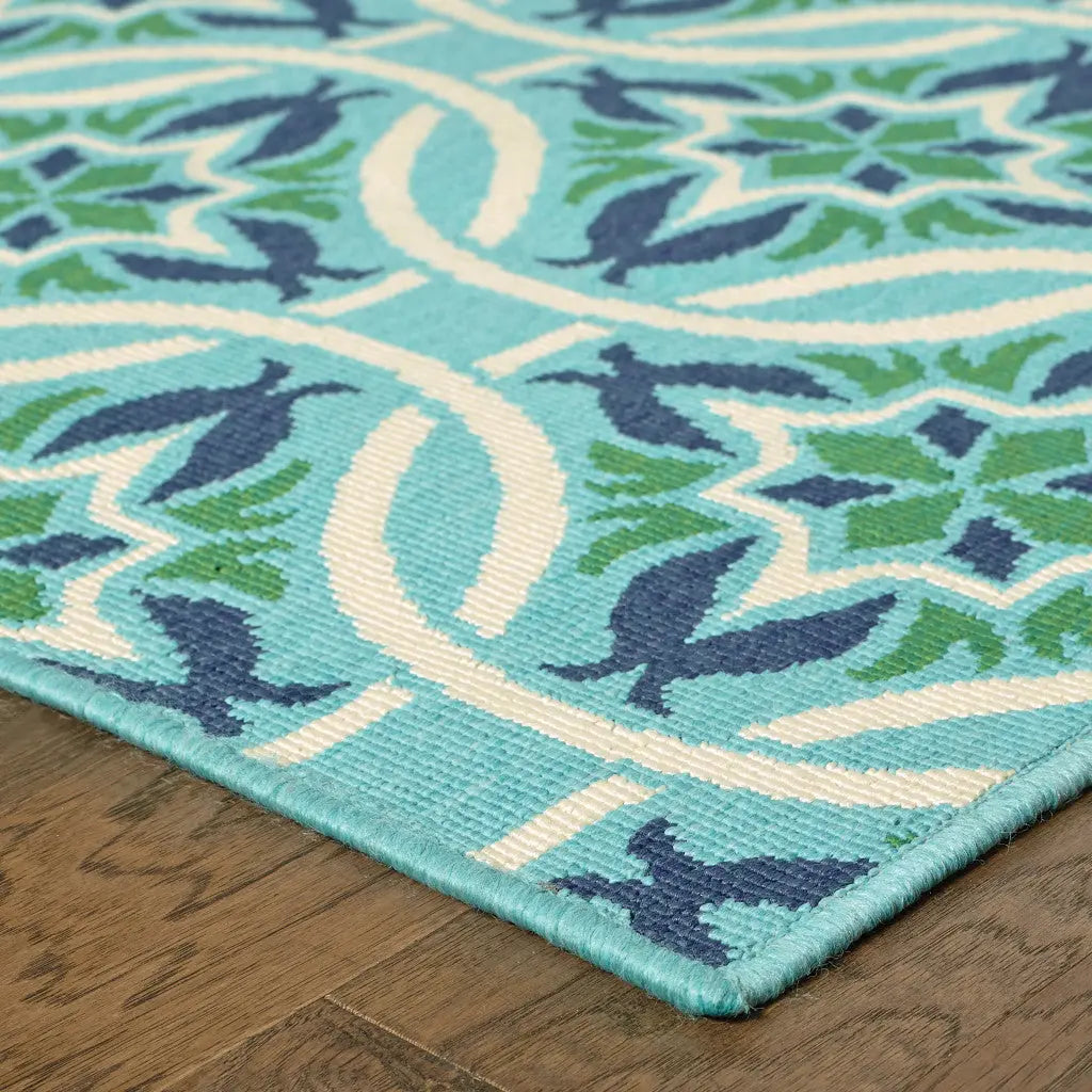 7' X 10' Blue and Green Geometric Stain Resistant Indoor Outdoor Area Rug Homeroots Outdoor