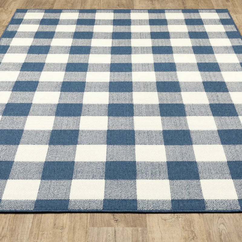 7' X 10' Blue and Ivory Geometric Stain Resistant Indoor Outdoor Area Rug Homeroots Outdoor