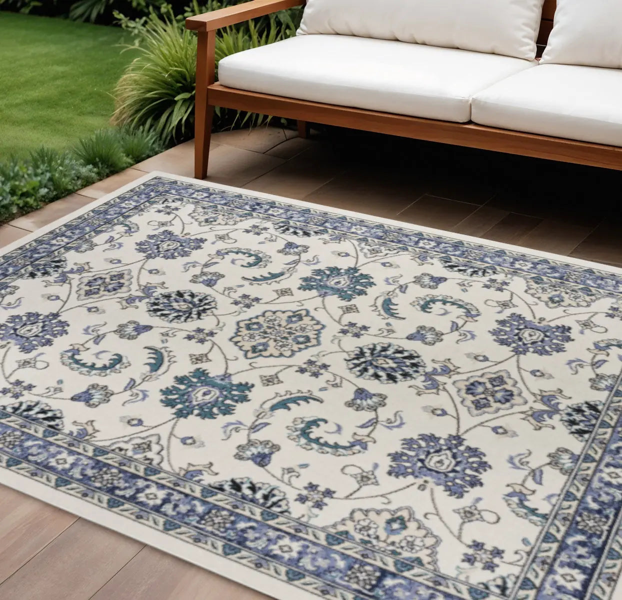 7' X 10' Ivory And Blue Floral Indoor Outdoor Area Rug Homeroots Outdoor