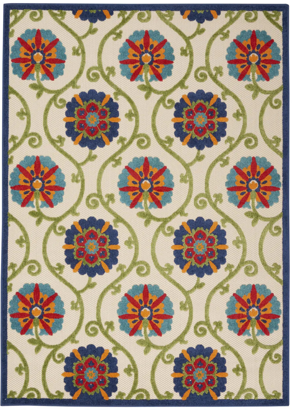 7' X 10' Ivory And Blue Indoor Outdoor Area Rug - GreatEagleInc
