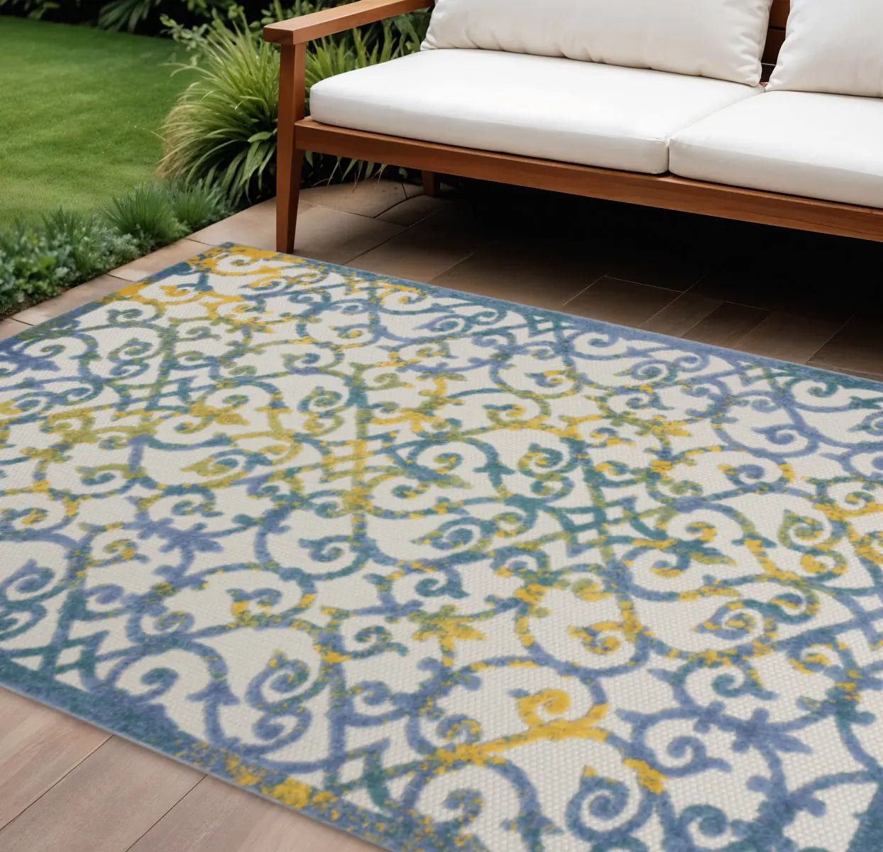 7' X 10' Ivory Blue And Yellow Trellis Indoor Outdoor Area Rug Homeroots Outdoor