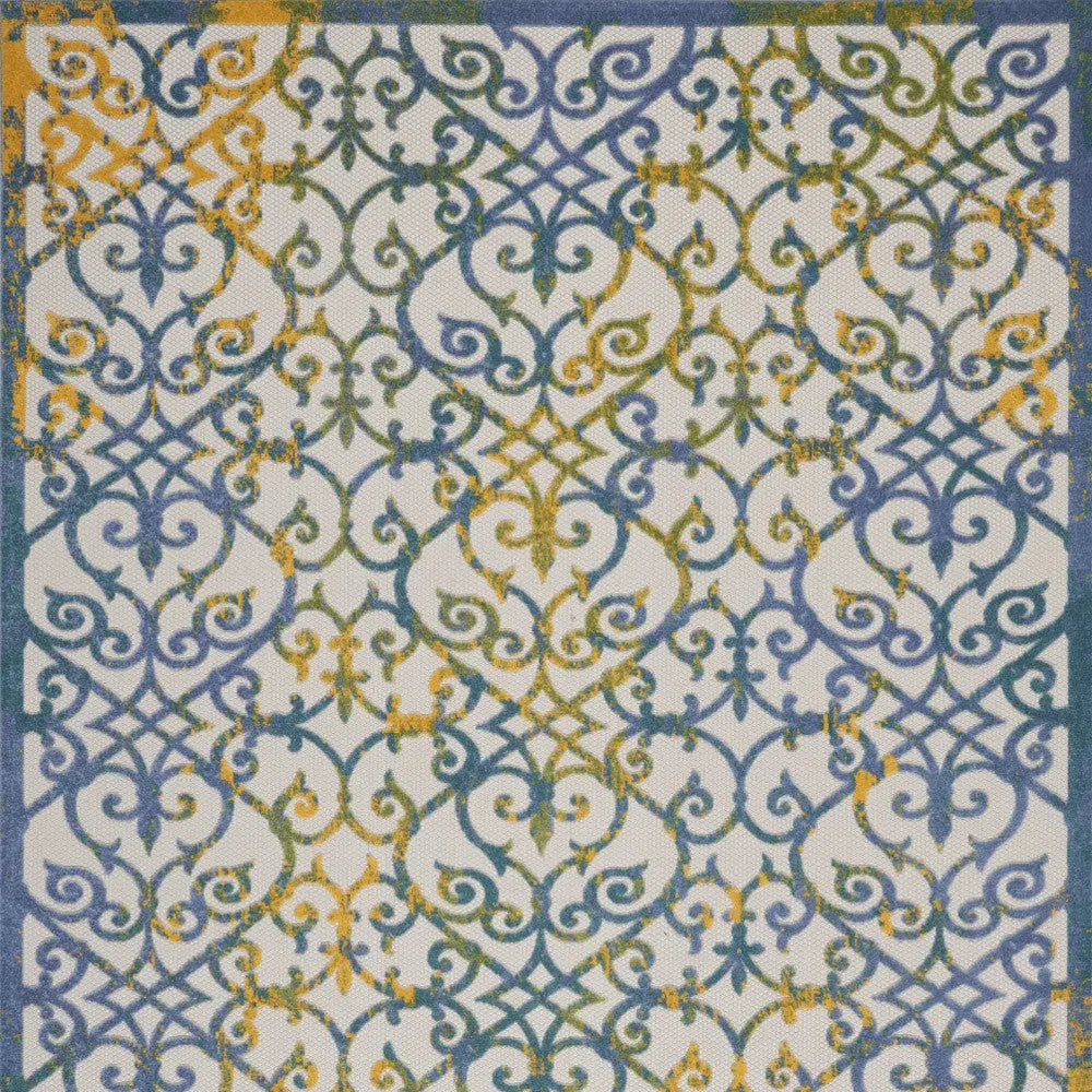 7' X 10' Ivory Blue And Yellow Trellis Indoor Outdoor Area Rug Homeroots Outdoor