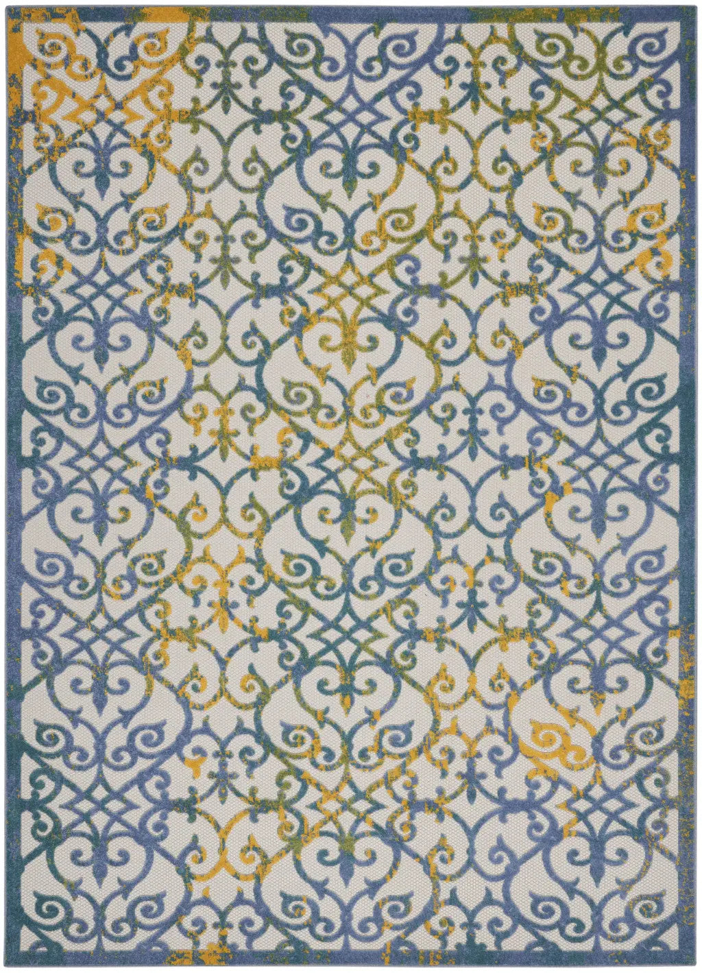 7' X 10' Ivory Blue And Yellow Trellis Indoor Outdoor Area Rug Homeroots Outdoor