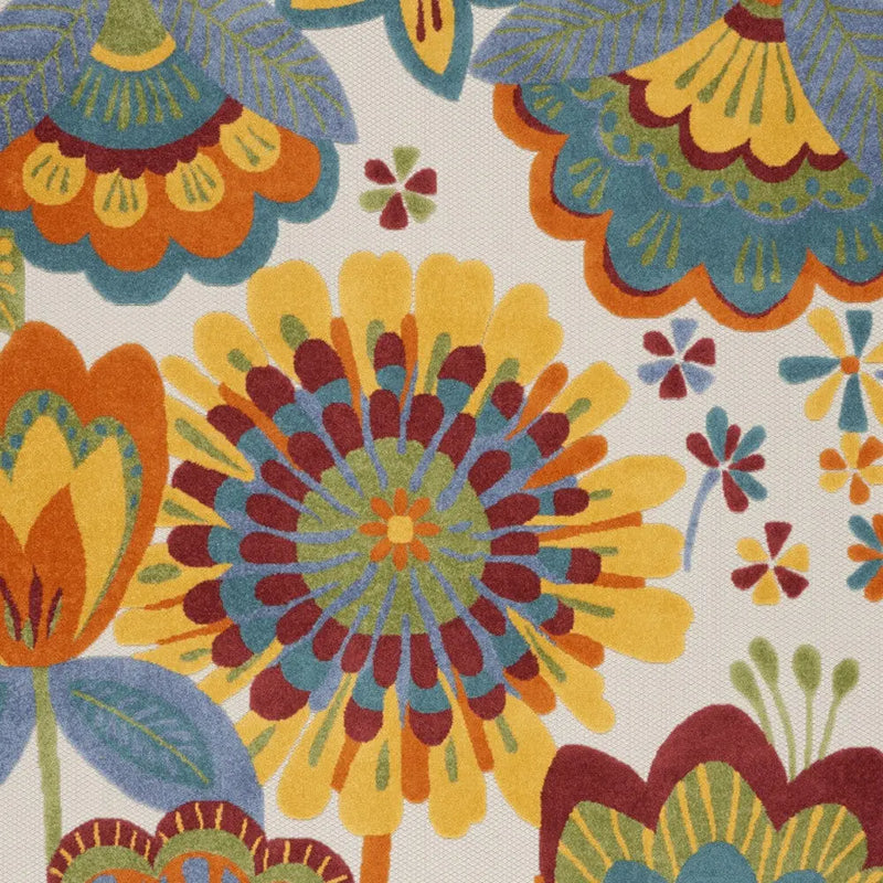 7' X 10' Ivory Blue Orange Red And Yellow Floral Indoor Outdoor Area Rug Homeroots Outdoor