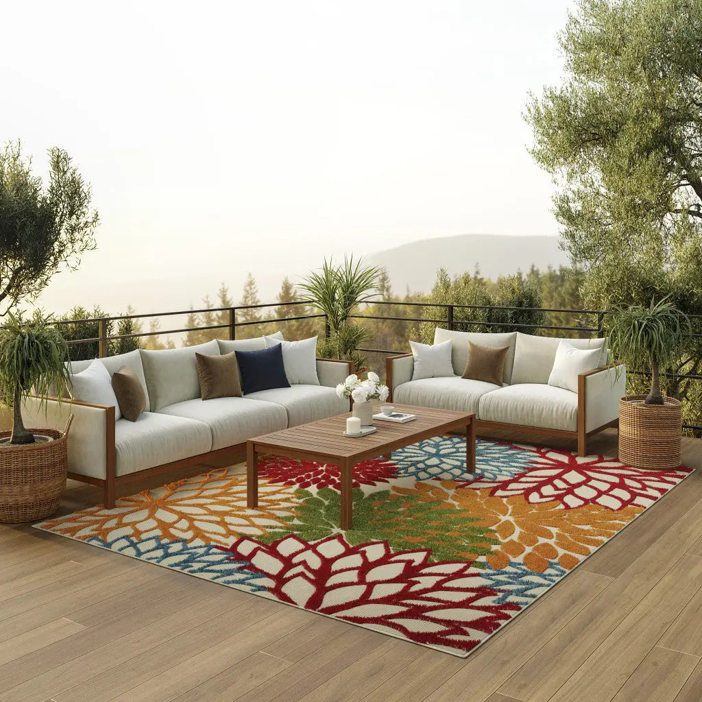7' X 10' Ivory Green Blue Orange And Red Floral Indoor Outdoor Area Rug Homeroots Outdoor
