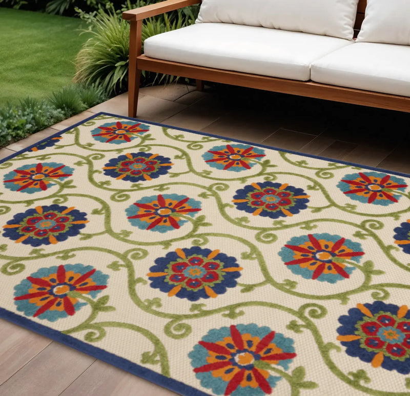 7' X 10' Navy Blue Beige Green Blue And Red Floral Indoor Outdoor Area Rug Homeroots Outdoor