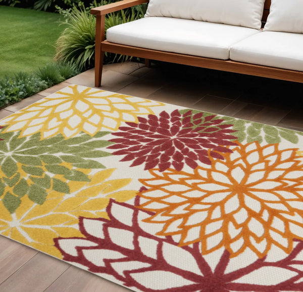7' X 10' Red Ivory Yellow And Orange Floral Indoor Outdoor Area Rug Homeroots Outdoor