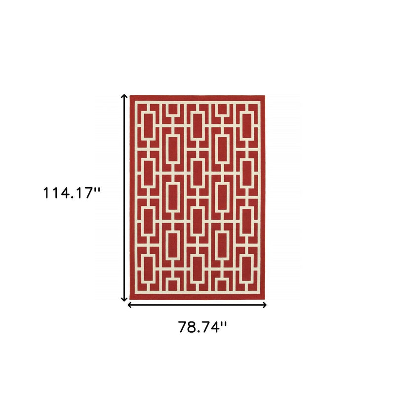 7' X 10' Red and Ivory Geometric Stain Resistant Indoor Outdoor Area Rug Homeroots Outdoor
