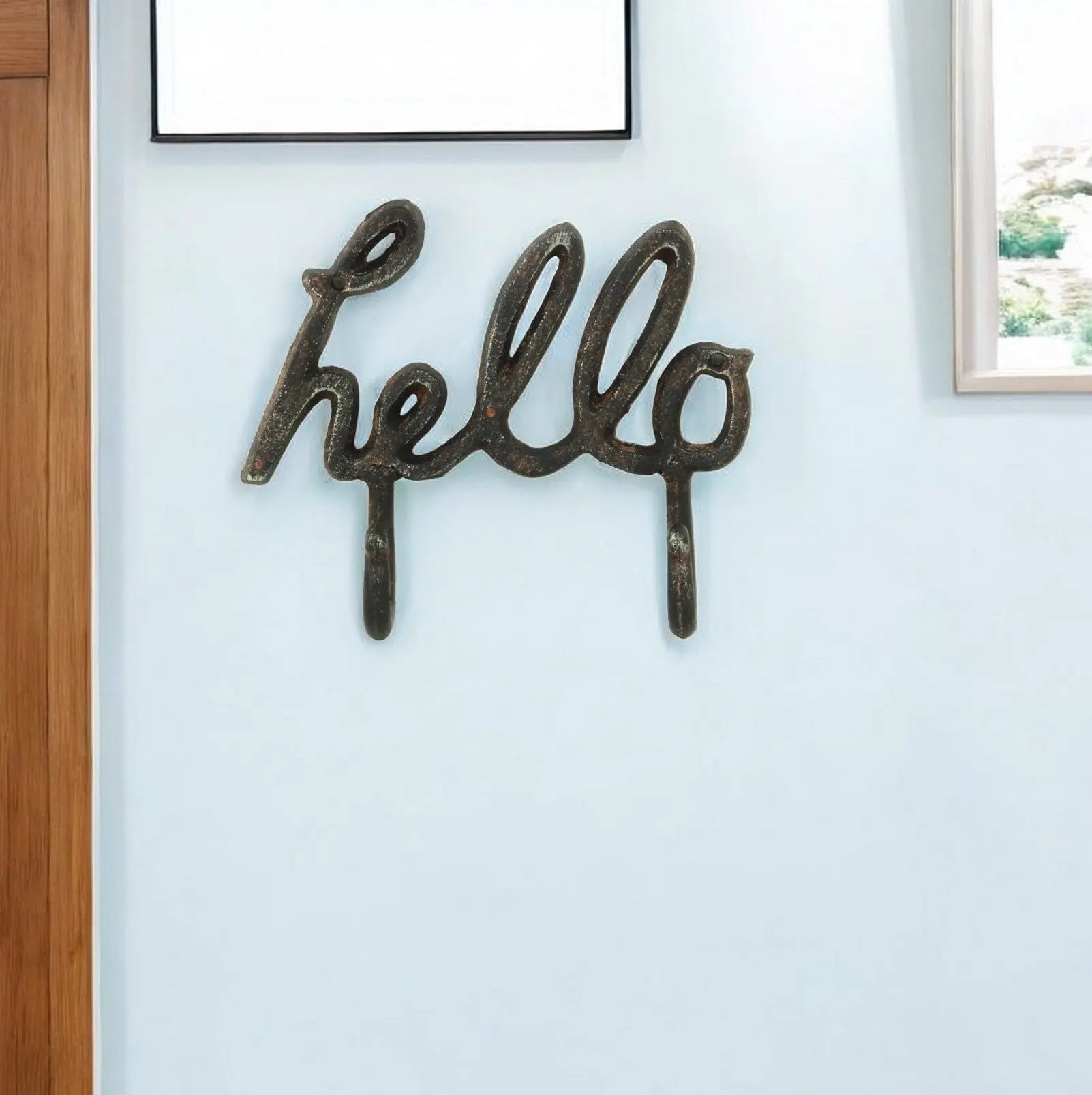 7" X 7" Black Handcrafted Hello Metal With Hooks Homeroots Home Decor