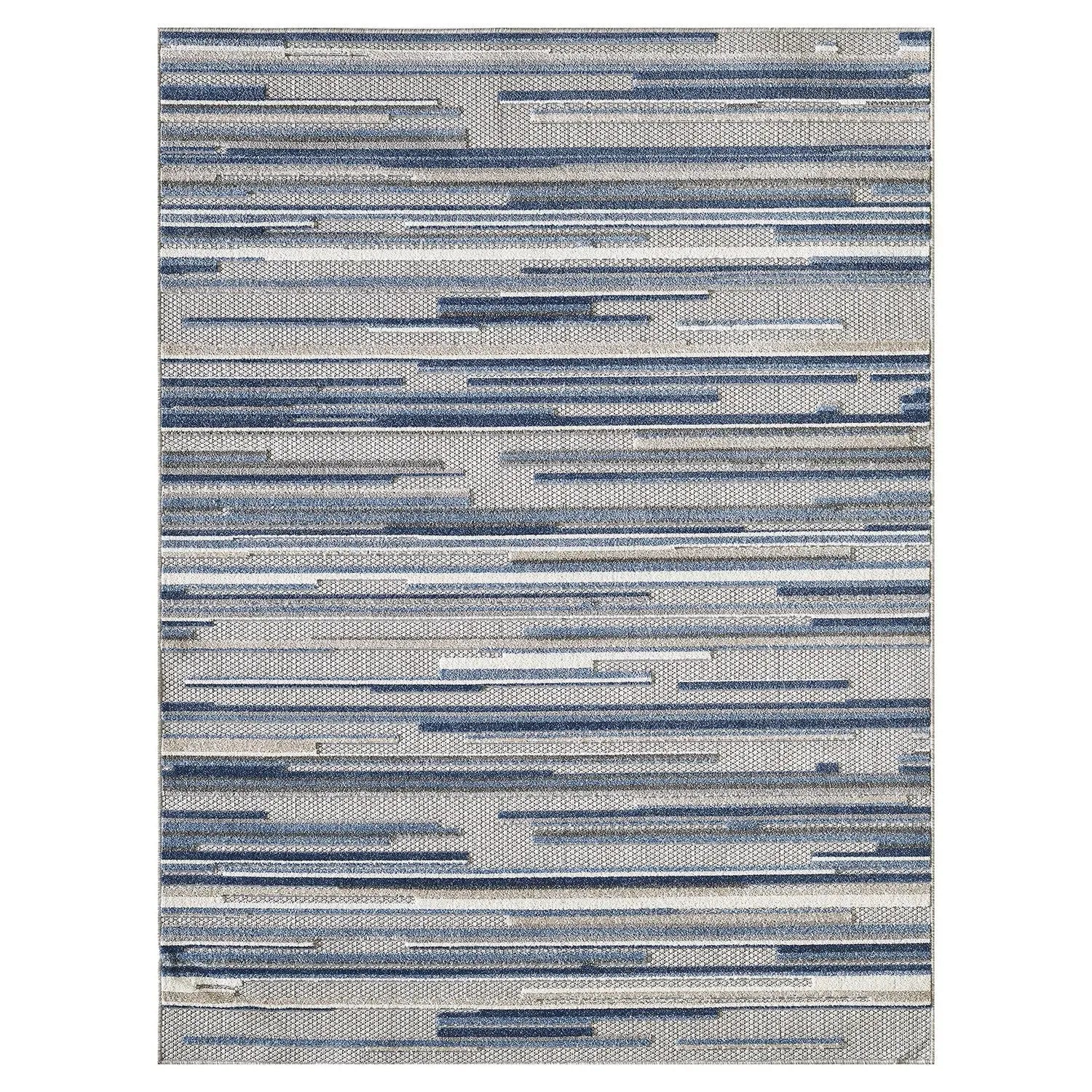 7' X 9' Blue And Gray Abstract Stripe Indoor Outdoor Area Rug Homeroots Outdoor