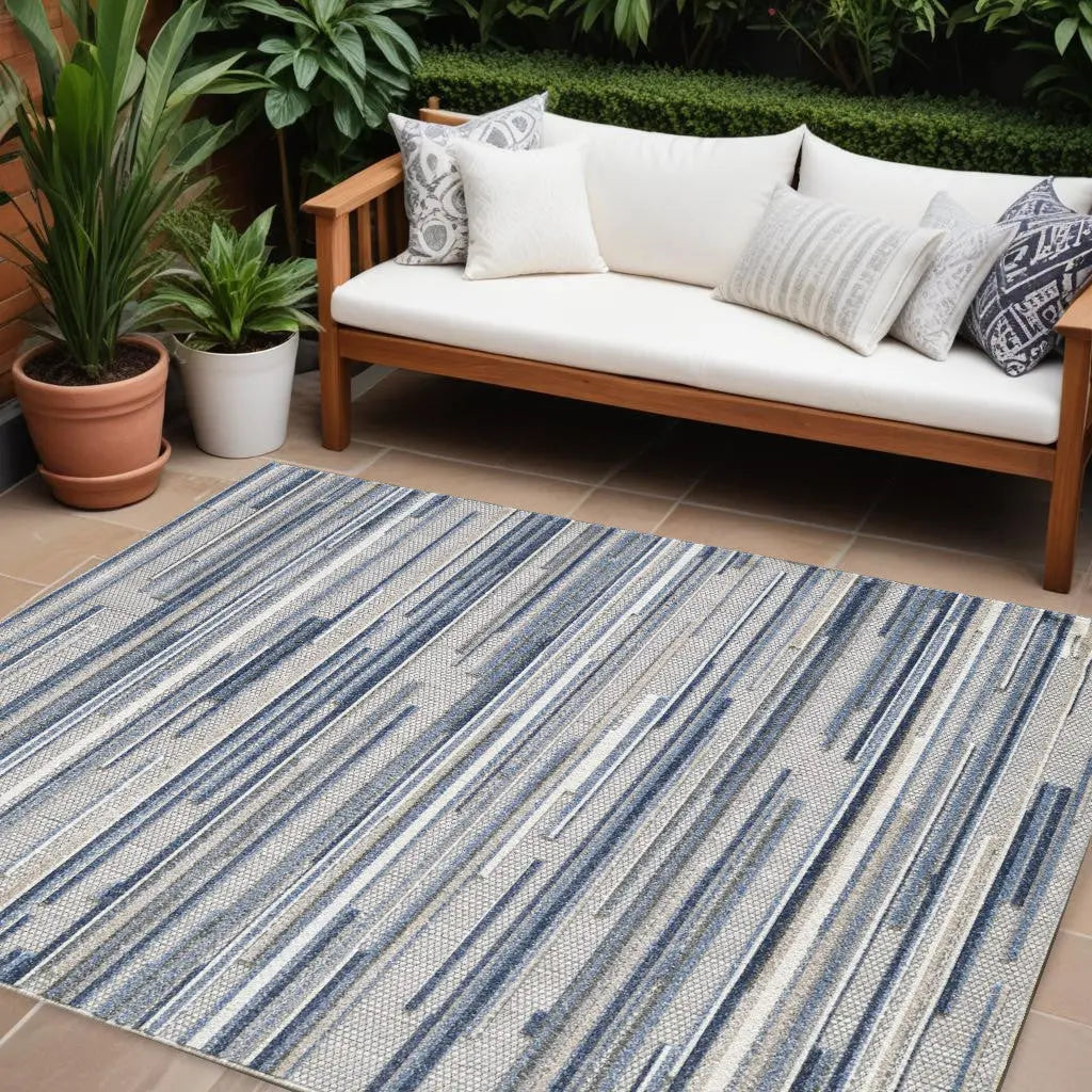 7' X 9' Blue And Gray Abstract Stripe Indoor Outdoor Area Rug Homeroots Outdoor