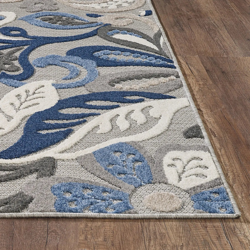 7’ X 9’ Blue Gray Jacobean Floral Indoor Outdoor Area Rug Homeroots Outdoor
