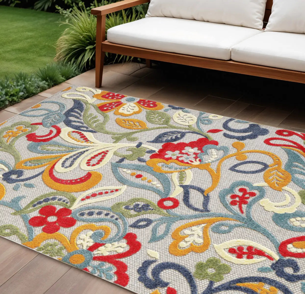 7' X 9' Ivory And Blue Indoor Outdoor Area Rug Homeroots Outdoor