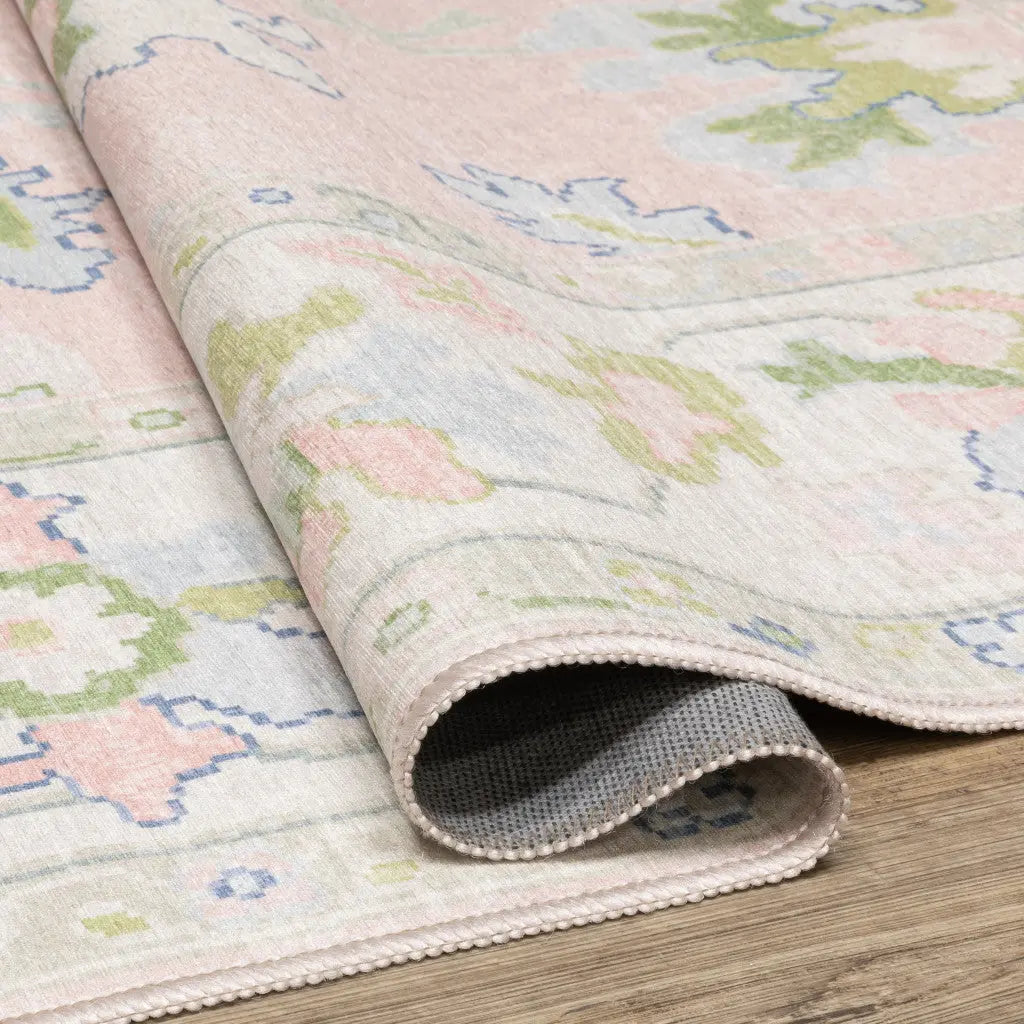 7' X 9' Pink And Green Oriental Washable Area Rug Homeroots Home Decor