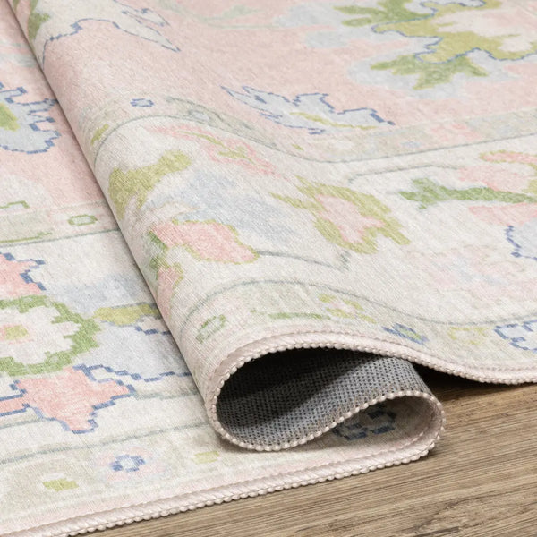 7' X 9' Pink And Green Oriental Washable Area Rug Homeroots Home Decor