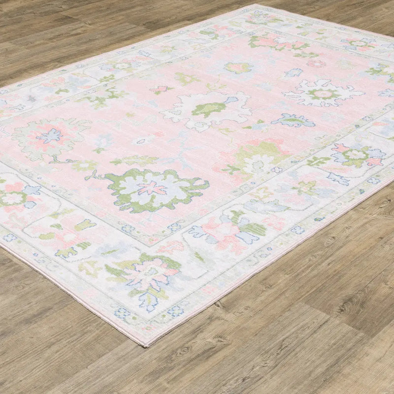 7' X 9' Pink And Green Oriental Washable Area Rug Homeroots Home Decor