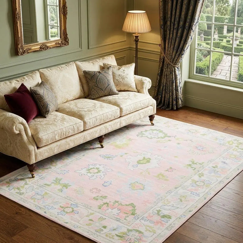 7' X 9' Pink And Green Oriental Washable Area Rug Homeroots Home Decor