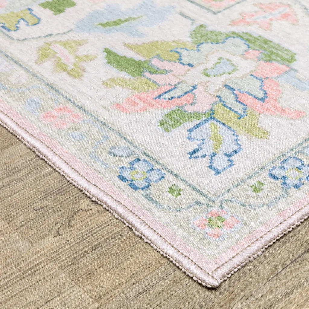 7' X 9' Pink And Green Oriental Washable Area Rug Homeroots Home Decor