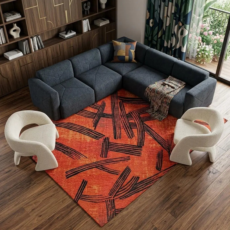 7' X 9' Red And White Abstract Washable Area Rug With UV Protection Homeroots Home Decor