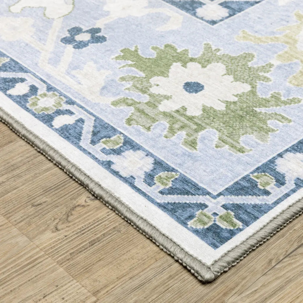 7' X 9' White And Blue Oriental Washable Area Rug Homeroots Home Decor