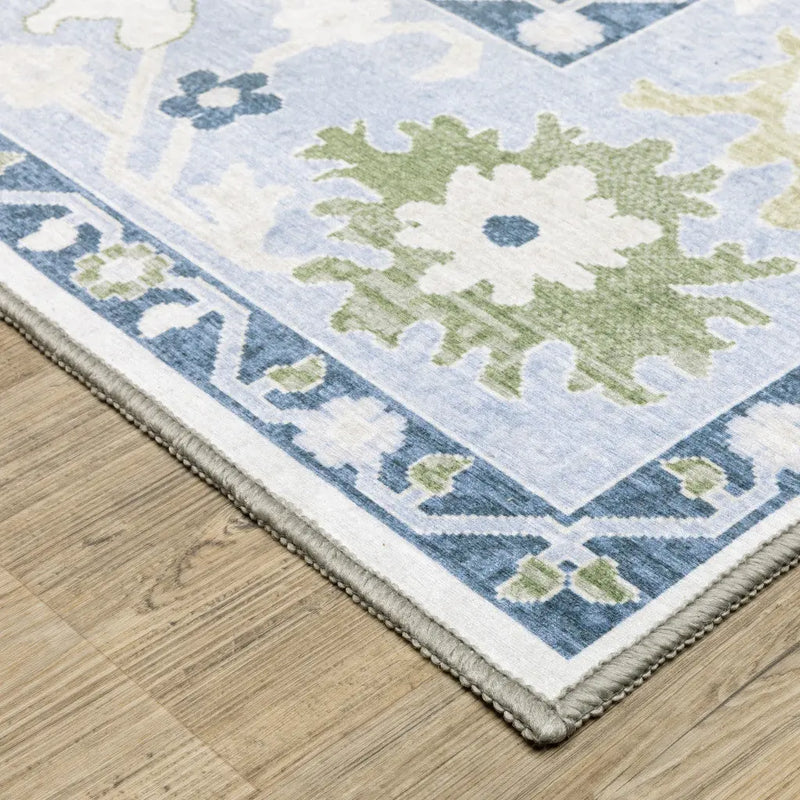 7' X 9' White And Blue Oriental Washable Area Rug Homeroots Home Decor