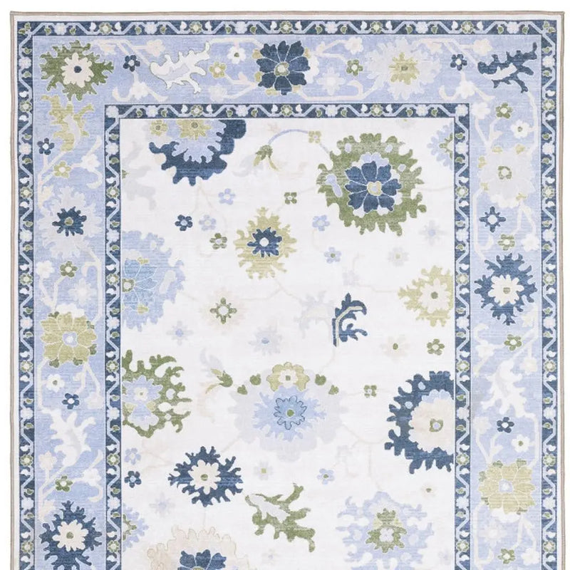 7' X 9' White And Blue Oriental Washable Area Rug Homeroots Home Decor