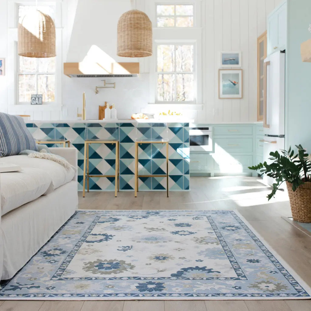 7' X 9' White And Blue Oriental Washable Area Rug Homeroots Home Decor
