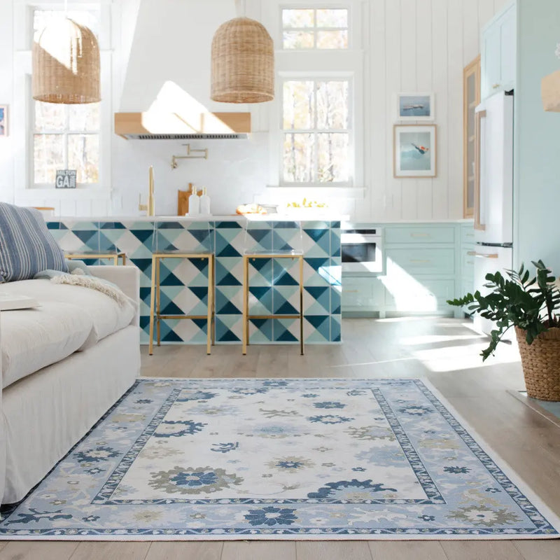 7' X 9' White And Blue Oriental Washable Area Rug Homeroots Home Decor