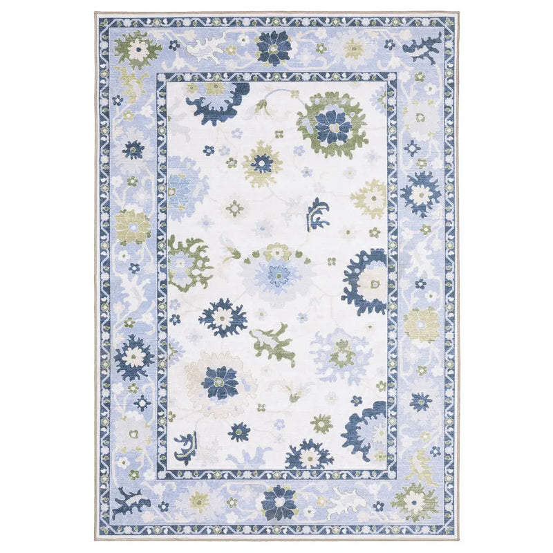 7' X 9' White And Blue Oriental Washable Area Rug Homeroots Home Decor