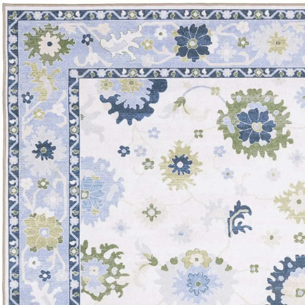 7' X 9' White And Blue Oriental Washable Area Rug Homeroots Home Decor