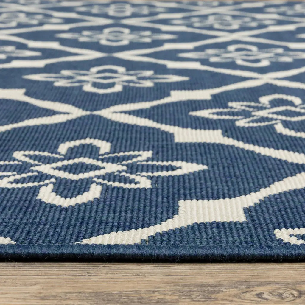 7' x 10' Blue and Ivory Floral Stain Resistant Indoor Outdoor Area Rug Homeroots Outdoor
