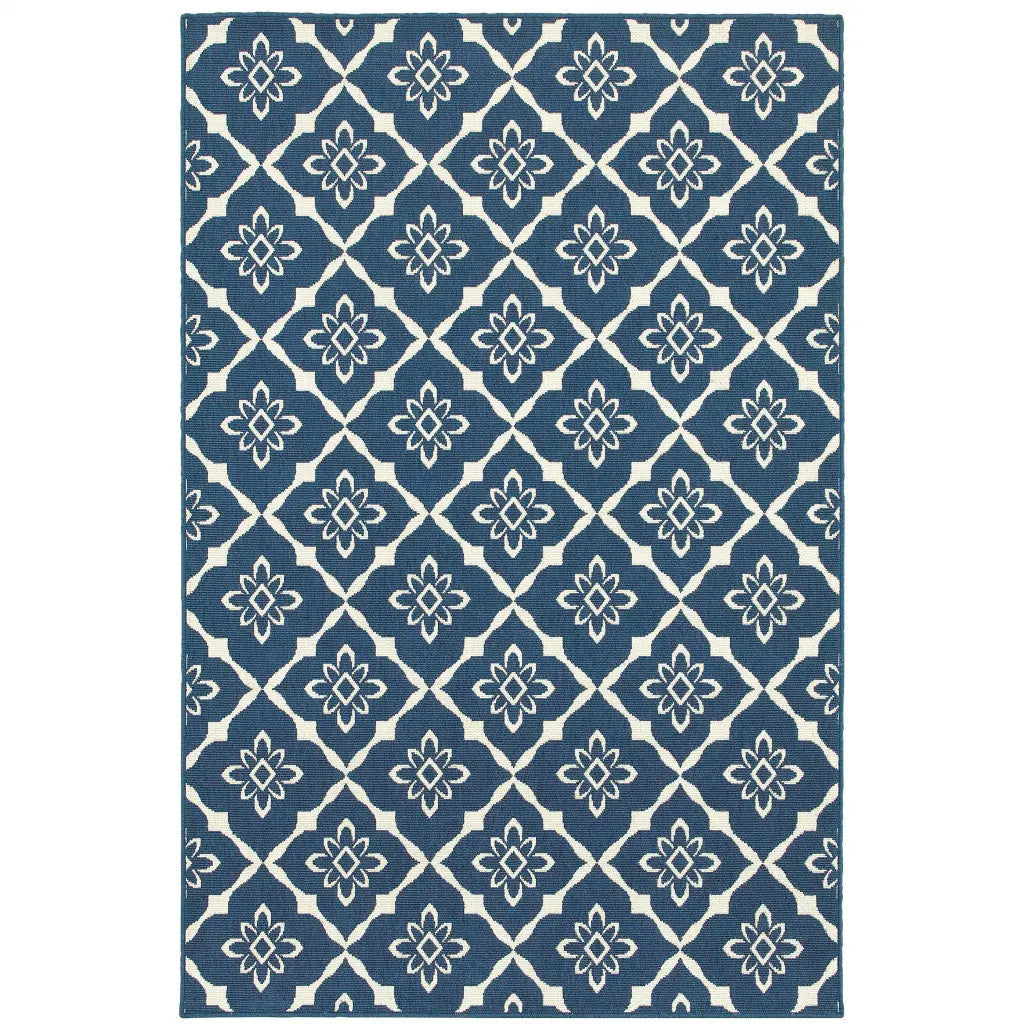 7' x 10' Blue and Ivory Floral Stain Resistant Indoor Outdoor Area Rug Homeroots Outdoor